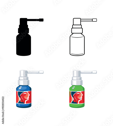 Throat spray bottle with pump nozzle for cough and sore throat icon set four styles: black solid silhouette thin black outline flat colored anatomical illustration and flat colored with