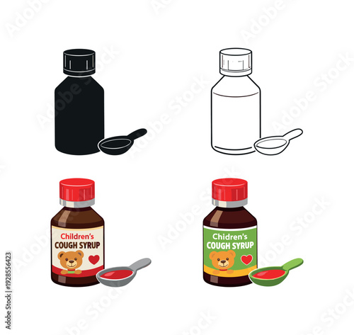 Children cough syrup bottle with measuring cup cap and spoon beside it icon set four styles: black solid silhouette thin black outline flat colored anatomical illustration and flat colored
