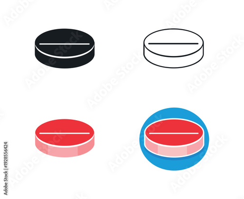 Cough lozenge round flat disc shape for throat relief icon set four styles: black solid silhouette thin black outline flat colored anatomical illustration and flat colored with category