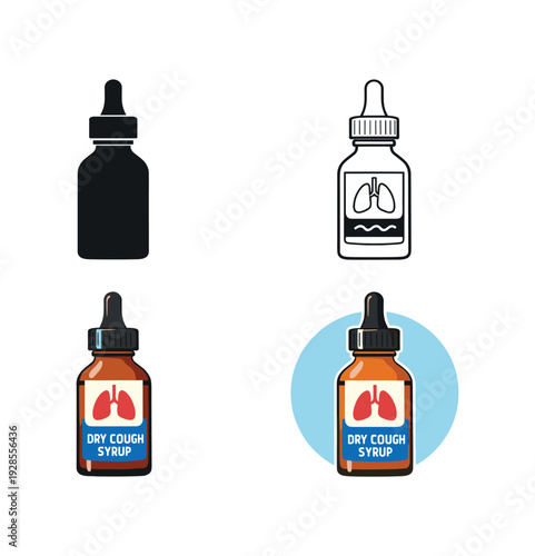 Dry cough syrup small amber bottle with dropper cap icon set four styles: black solid silhouette thin black outline flat colored anatomical illustration and flat colored with category color