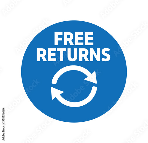 Flat vector badge FREE RETURNS simple white arrows