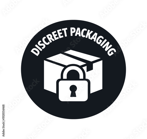 Flat vector badge DISCREET PACKAGING simple white padlock over package box
