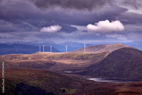 Renewable Energy Wind Farm in Vestland, Norway, Under Dramatic Sky