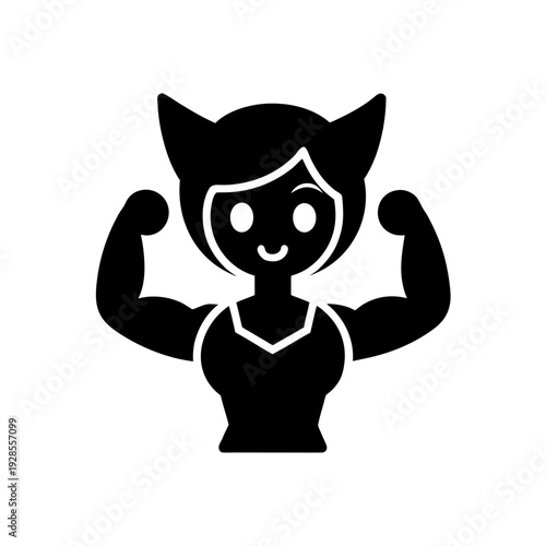 Determined cat woman flexing her muscles in a stylized black and white silhouette