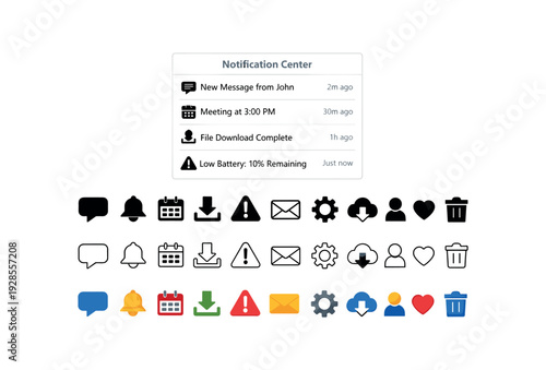 Notification center panel with stacked items list UI icon vector icon set three styles: black solid silhouette thin black outline and flat colored with solid fills. Clean professional