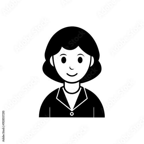 A cheerful cartoon woman with short dark hair wearing a dark top