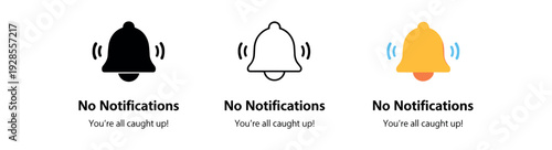 Empty notification state with bell and no items message UI icon vector icon set three styles: black solid silhouette thin black outline and flat colored with solid fills. Clean professional