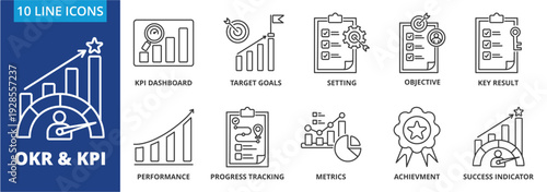 OKR and KPI  icon collection set. KPI dashboard, Target Goal setting,Objective, Key results, Performance chart Progress tracking, Metrics, Achievement, Success indicator .  Simple line vector.	