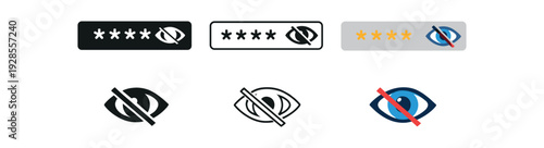Password input field with eye toggle icon on right UI icon vector icon set three styles: black solid silhouette thin black outline and flat colored with solid fills. Clean professional