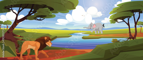 Savannah with lioness, river, acacia trees