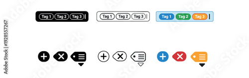 Tag input field with chips and text cursor for multi value UI icon vector icon set three styles: black solid silhouette thin black outline and flat colored with solid fills. Clean