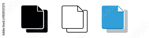 Copy icon two overlapping documents for copy action UI icon vector icon set three styles: black solid silhouette thin black outline and flat colored with solid fills. Clean professional