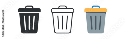 Delete trash bin with lid for permanent delete action UI icon vector icon set three styles: black solid silhouette thin black outline and flat colored with solid fills. Clean professional