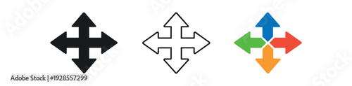 Move item with four arrows for repositioning action UI icon vector icon set three styles: black solid silhouette thin black outline and flat colored with solid fills. Clean professional