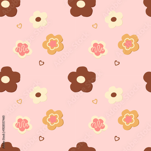 Seamless repeating pattern with cute cookie flower shapes on soft pink background. Flat cartoon illustration in pastel color palette. Perfect for wrapping paper, fabric prints, stationery, packaging d