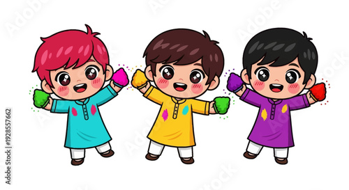 Three cheerful children in colorful kurtas playfully holding Holi powder in their hands on a white background with a joyful and festive mood