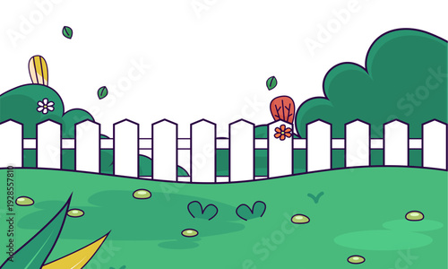 Cute illustrated backyard with a white picket fence and green lawn.