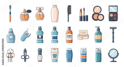 Collection of various personal care and grooming products icons.