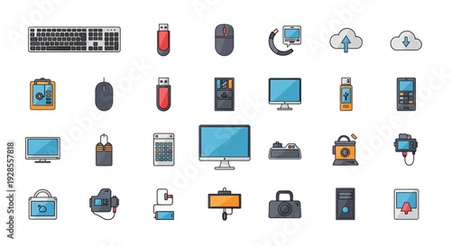 Set of various technology and computer peripheral icons in flat design style.