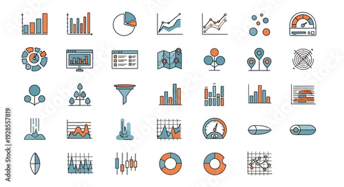 Set of various business and data analysis icons with charts and graphs.