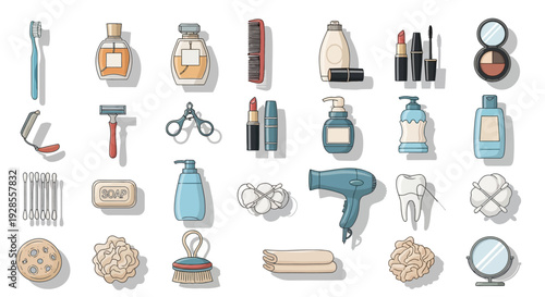 Collection of various personal hygiene and beauty care items in cartoon style.