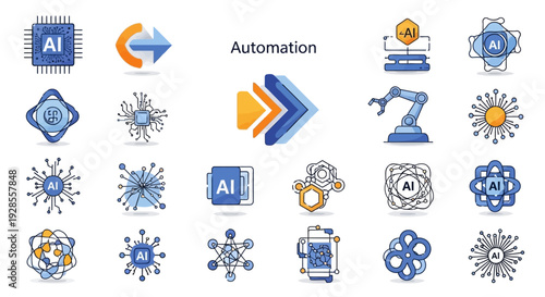 Set of artificial intelligence and automation technology icons with robotic and digital elements.