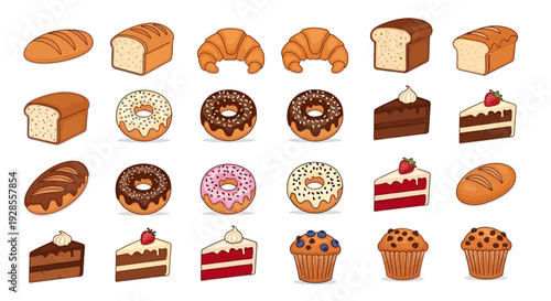 Assortment of various baked goods including bread, croissants, donuts, cakes, and muffins in a seamless pattern.