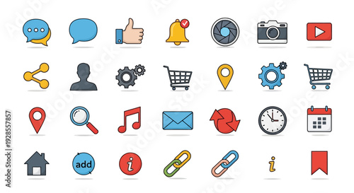 Colorful collection of social media and communication icons in flat design.