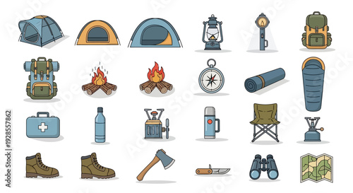 Collection of camping and hiking equipment icons with outdoor adventure essentials.