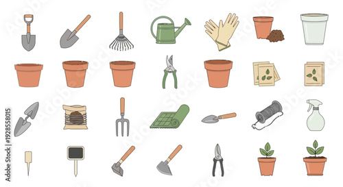 Collection of gardening tools and supplies icons for planting and garden care.