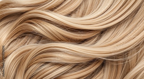 Close-up of layered blonde and light brown hair with various shades and textures, creating waves