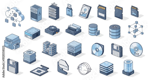 Set of various isometric technology and data storage icons in blue and gray tones.