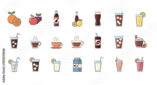 Collection of various colorful beverage and fruit icons in flat design style.