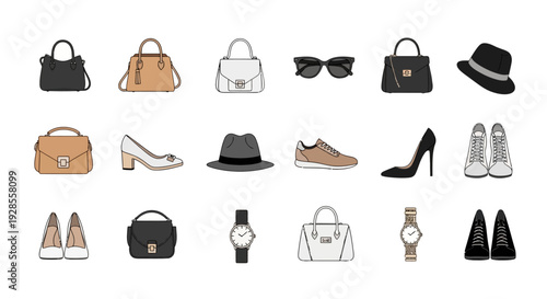 Collection of stylish women's fashion accessories including bags, shoes, hats, and watches.