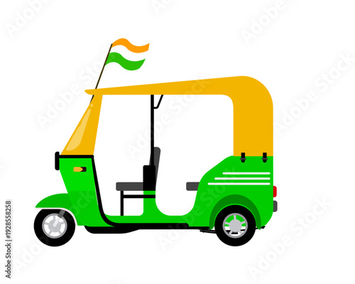 Green and yellow Indian auto rickshaw with a national flag.