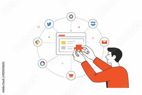 Business man connecting puzzle piece to digital dashboard infographic of marketing and social media apps colorful flat vector illustration