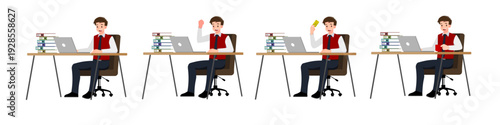 Illustration set of a young man at a desk showing the work process from concentration to a successful idea.