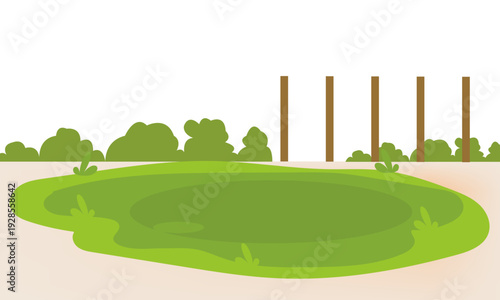 Empty cricket field with pitch and stumps ready for a match.