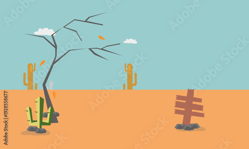 Stylized vector illustration of a desolate desert with a withered tree.