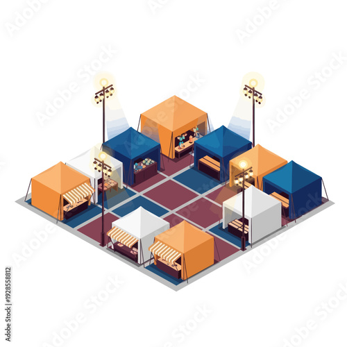 Isometric Market Stalls with Various Tents.