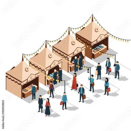 Crowded Market Stalls with Shopping People.