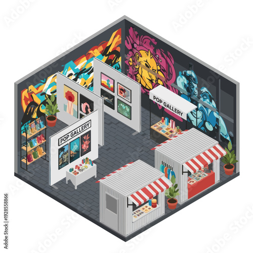 3D Art Gallery with Vibrant Artworks and Kiosks.