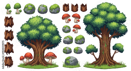 Stylized vector assets for a forest environment, featuring diverse trees, mushrooms, mossy stones, and tree stumps in a vibrant, illustrative style.