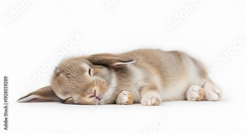 Cute baby bunny sleeping peacefully on white studio background