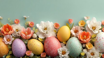 Easter banner shows 3D eggs and flowers. It's for a holiday card background and a spring egg hunt celebration.