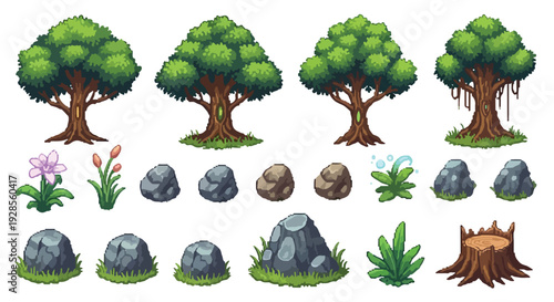 A collection of stylized pixel art assets featuring various trees, rocks, plants, and a tree stump, suitable for game environments.