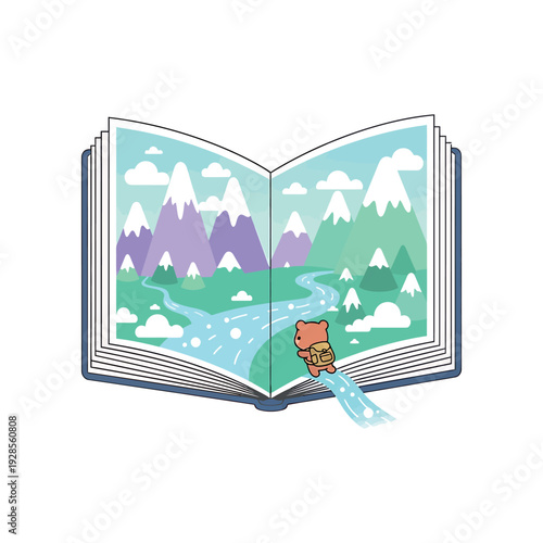 An open book revealing a serene mountain landscape with a river and a bear emerging from its pages in a whimsical illustration style