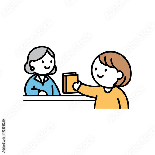 A young girl returning a book to a smiling librarian at a desk, simple illustration