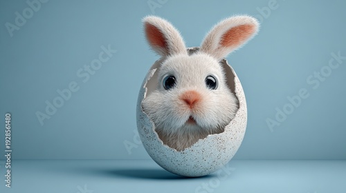 Fluffy Easter bunny peeks from a cracked egg on a light blue backdrop, leaving room for more.