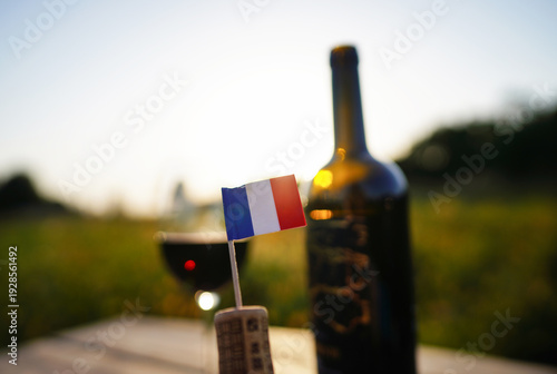 French wine with wine glass of red wine on table in vineyard. French flag as Winemaking, Winery in Italy. Tasting red wine in French vineyard. Drinking Culture of France. 